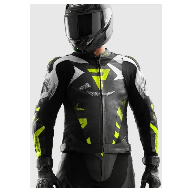 Kurtka skórzana REBELHORN INFERNO BLACK/WHITE/FLUO YELLOW czarny biały