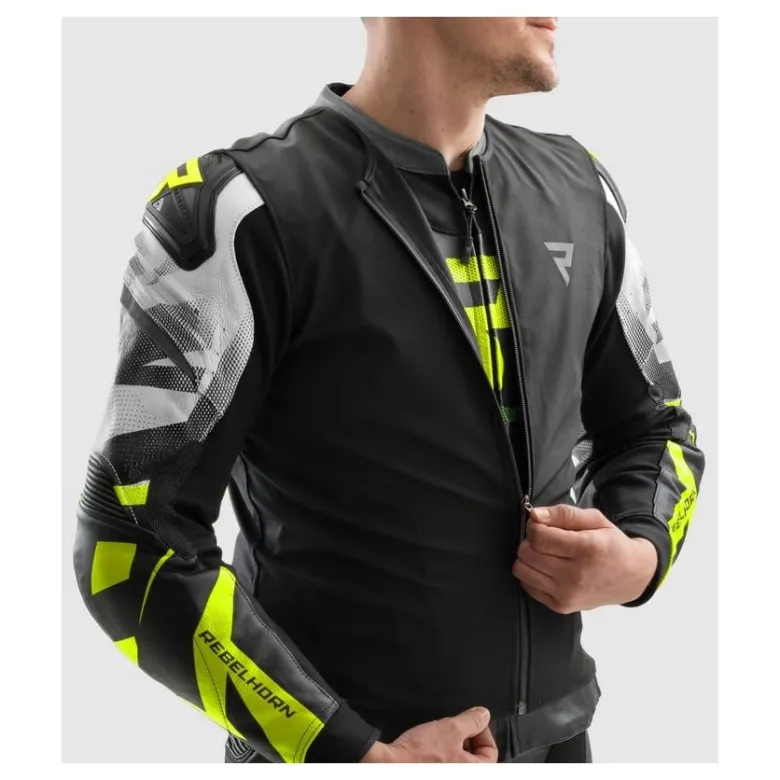 Kurtka skórzana REBELHORN INFERNO BLACK/WHITE/FLUO YELLOW czarny biały