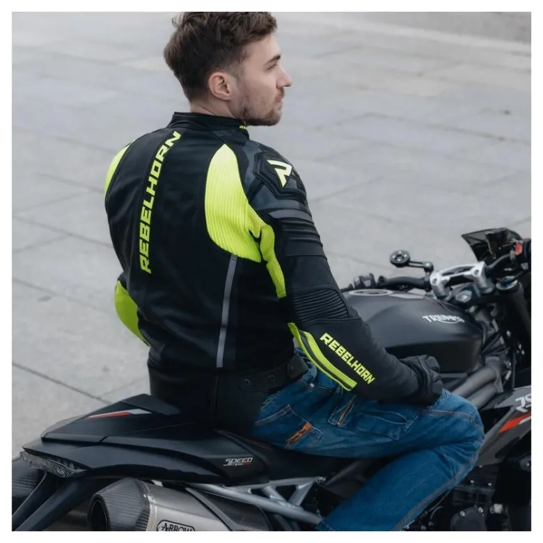 Kurtka skórzana REBELHORN VANDAL BLACK/FLO YELLOW czarny żółty fluo