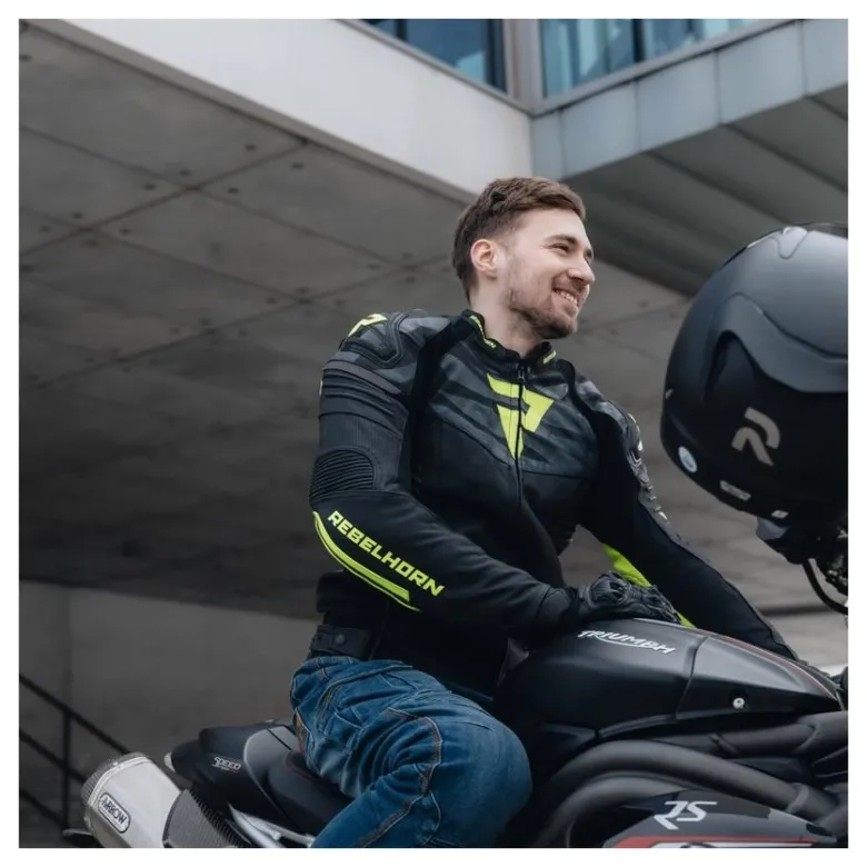 Kurtka skórzana REBELHORN VANDAL BLACK/FLO YELLOW czarny żółty fluo