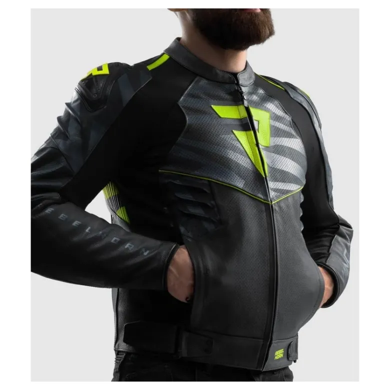 Kurtka skórzana REBELHORN VANDAL 2 BLACK/GREY/FLUO YELLOW czarny szary żółty fluo