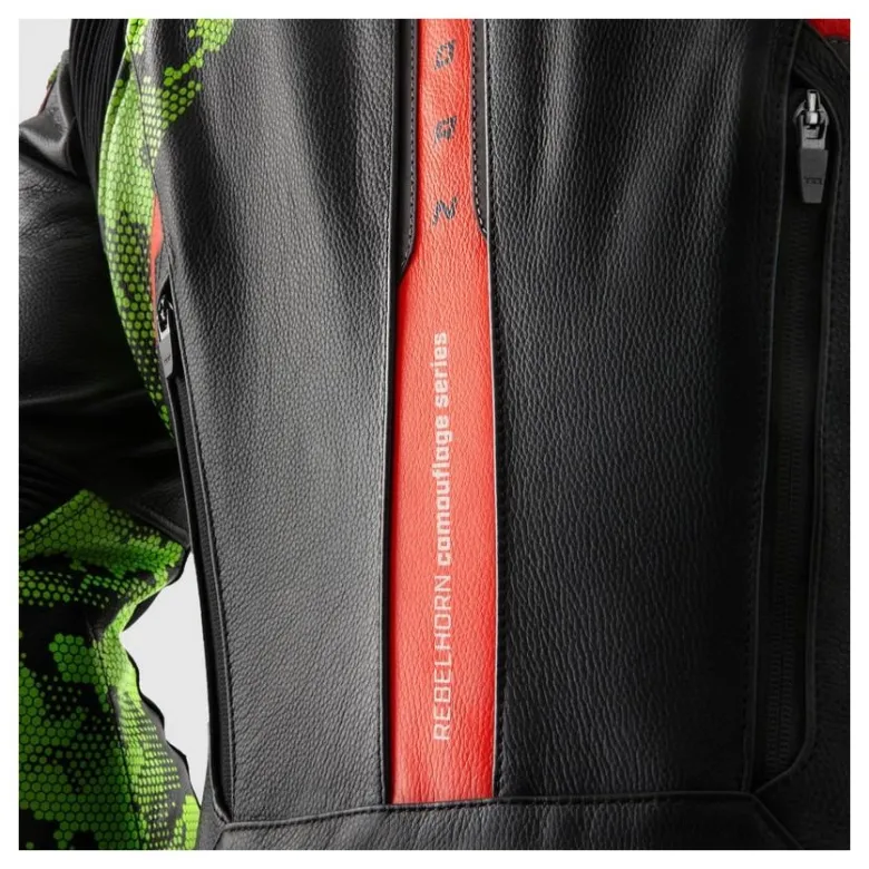 Kurtka skórzana REBELHORN VELOCE CAMO BLACK/GREEN/FLUO RED czarny zielony czerwony fluo