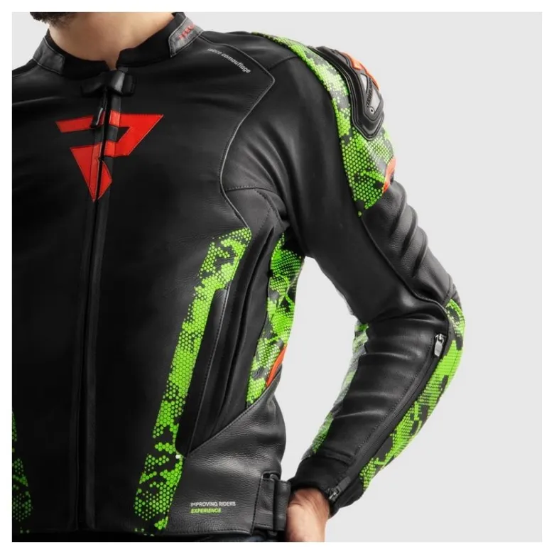 Kurtka skórzana REBELHORN VELOCE CAMO BLACK/GREEN/FLUO RED czarny zielony czerwony fluo