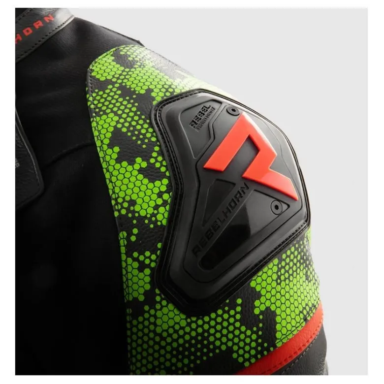 Kurtka skórzana REBELHORN VELOCE CAMO BLACK/GREEN/FLUO RED czarny zielony czerwony fluo