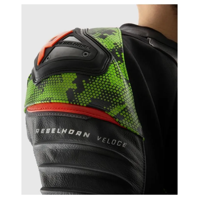 Kurtka skórzana REBELHORN VELOCE CAMO BLACK/GREEN/FLUO RED czarny zielony czerwony fluo