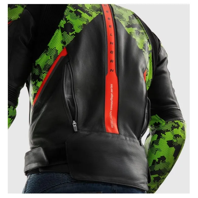 Kurtka skórzana REBELHORN VELOCE CAMO BLACK/GREEN/FLUO RED czarny zielony czerwony fluo