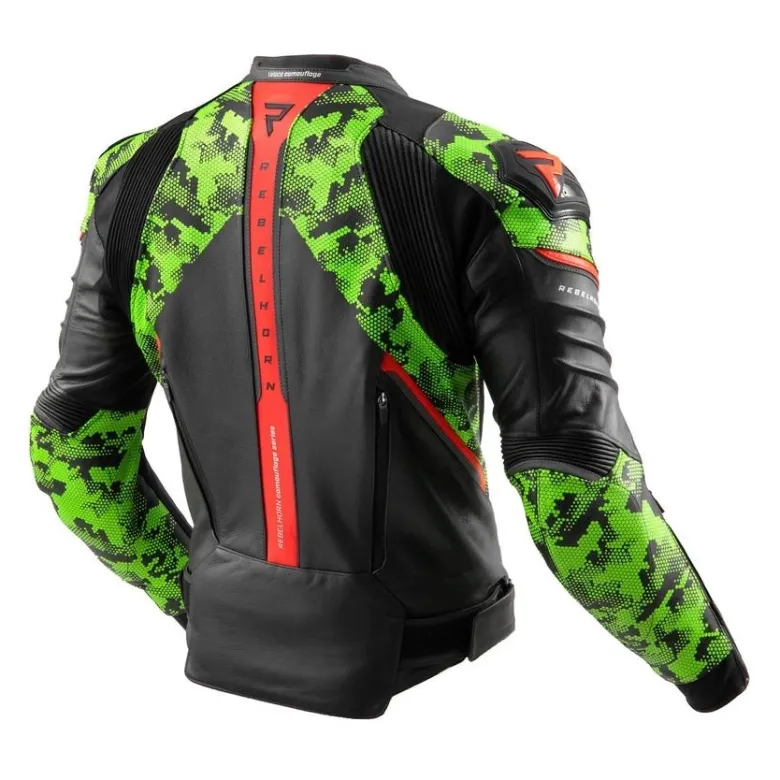 Kurtka skórzana REBELHORN VELOCE CAMO BLACK/GREEN/FLUO RED czarny zielony czerwony fluo